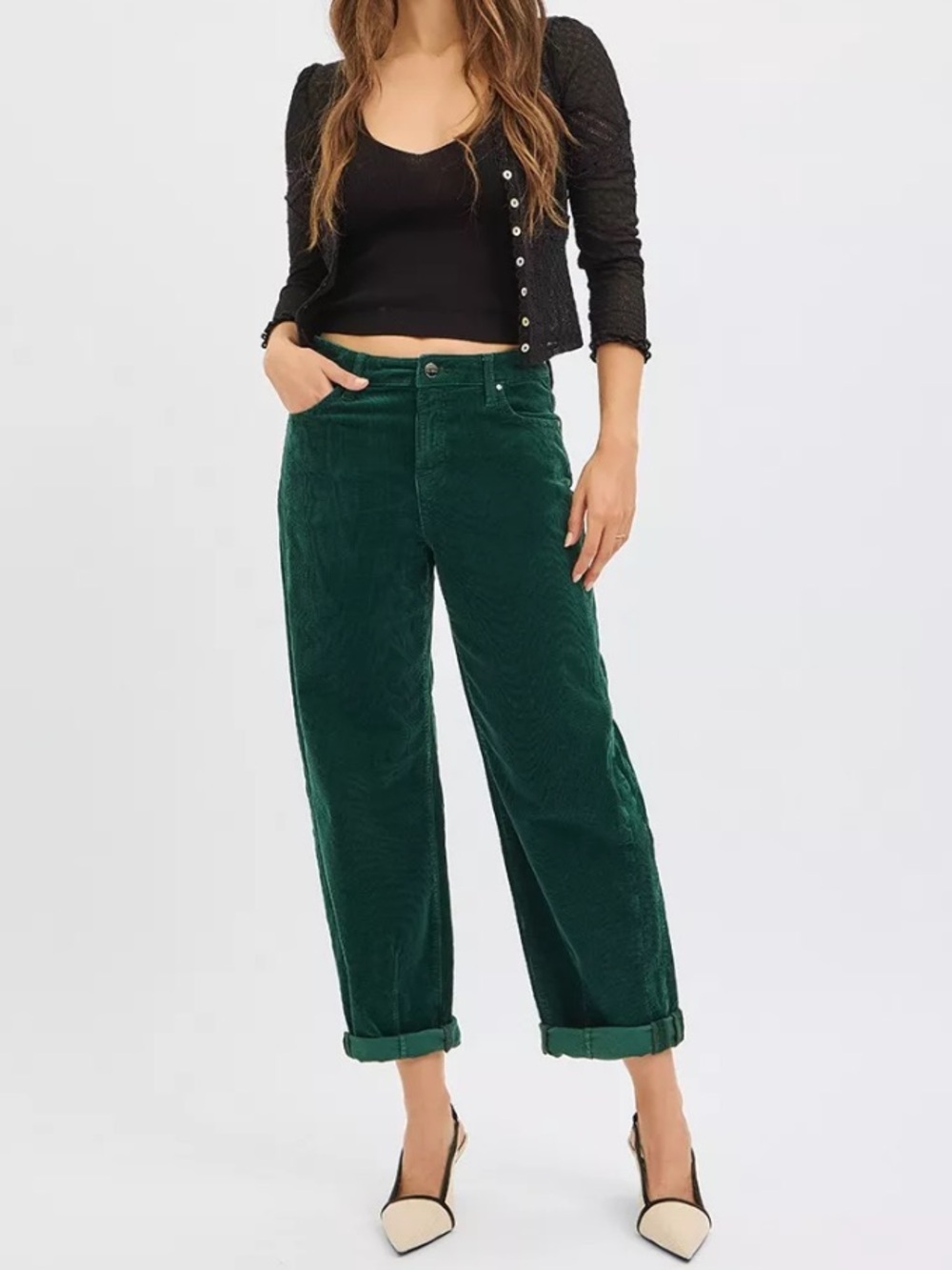 RISEN Los Angeles sz 27 5 Emerald Green High Rise Crop Barrel Corduroy Pants
